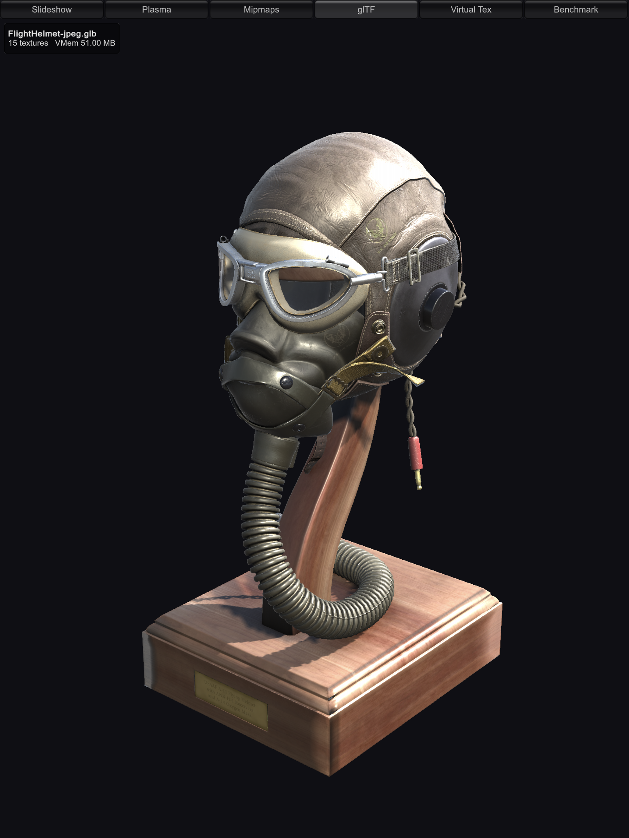 Spark for Unity demo: a glTF FlightHelmet scene rendered with Spark-compressed textures on iPad